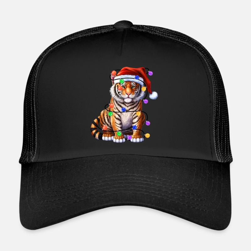 Tiger mit Weihnachtmütze und Lichter - Trucker Cap - Schwarz/Schwarz