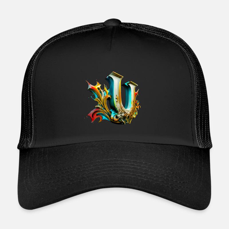 Graffiti Buchstabe U mit👑 - Trucker Cap - Schwarz/Schwarz
