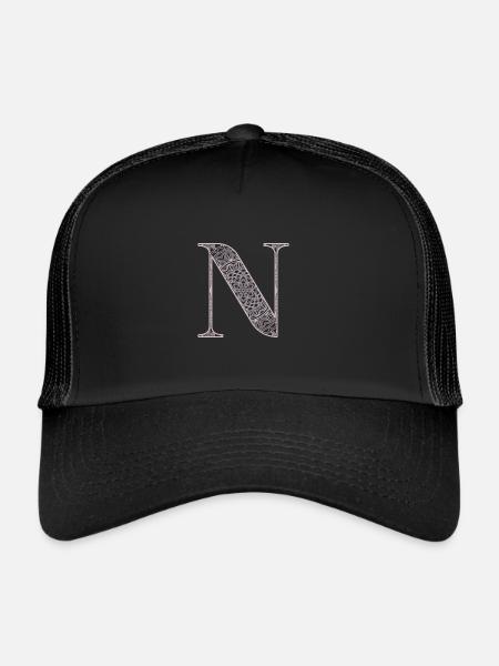 Mandala Monogram Initial in Dusky Pink - Letter N - Trucker Cap - black/black - Front