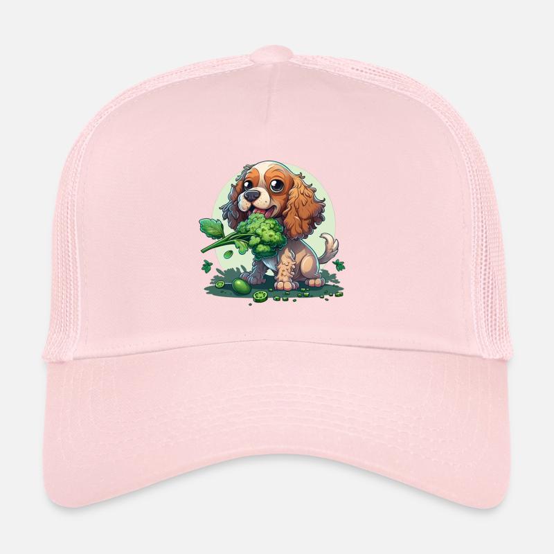 Cute dog eats broccoli vegetables Trucker Cap