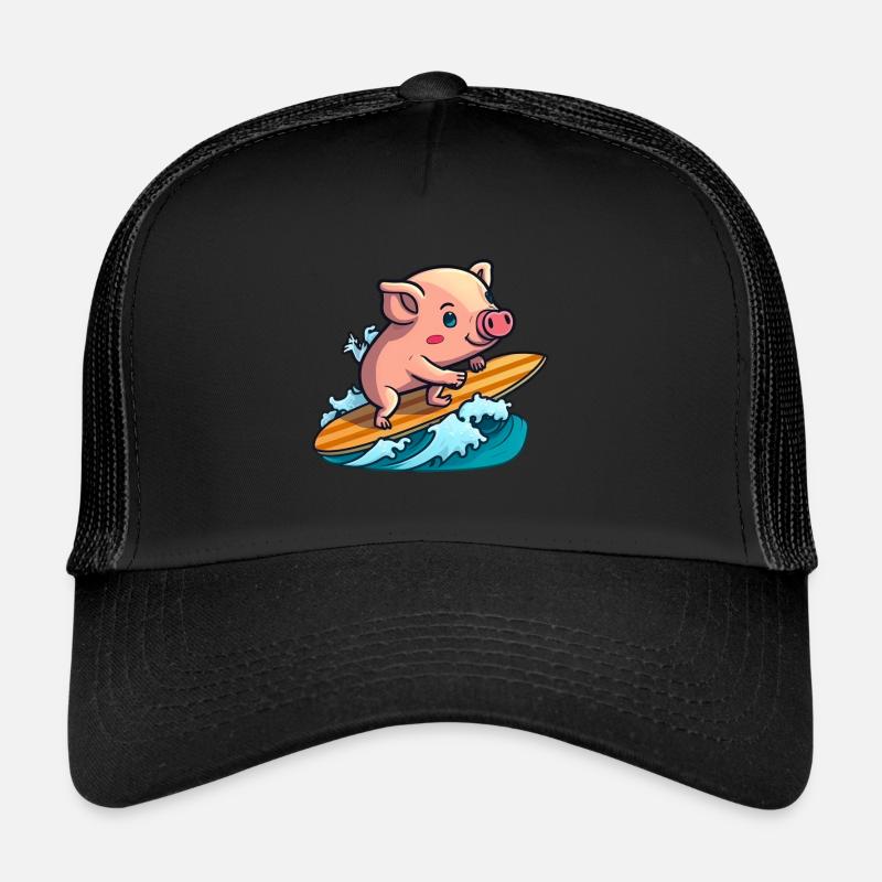 Sød gris i havet surfing surfing surfe på surfbræt - Trucker cap - sort/sort