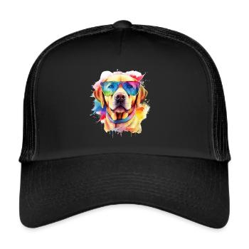 Gelber Labrador Retriever Hund mit Sonnenbrille - Trucker Cap - Schwarz/Schwarz - Vorne
