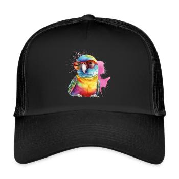 Bunter cooler Papagei mit Brille - Trucker Cap - Schwarz/Schwarz - Vorne