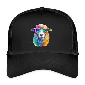 Buntes cooles Schaf mit Sonnenbrille - Trucker Cap - Schwarz/Schwarz - Vorne