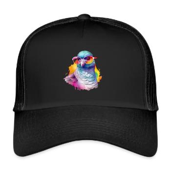 Bunte coole Taube mit Sonnenbrille - Trucker Cap - Schwarz/Schwarz - Vorne