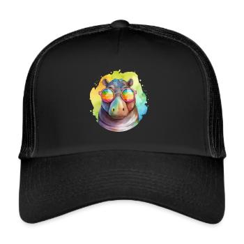 Buntes cooles Nilpferd mit Sonnenbrille - Trucker Cap - Schwarz/Schwarz - Vorne