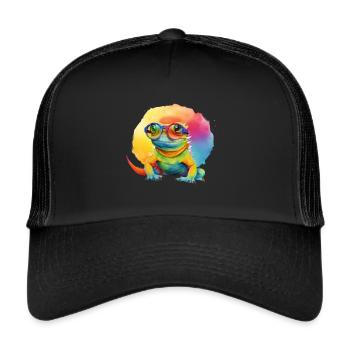 Gecko lézard lézard coloré et cool avec des lunettes de soleil - Casquette trucker  - noir/noir - Devant
