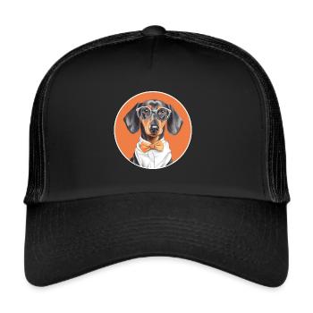 Süßer Dackel Hund mit Brille und Fliege - Trucker Cap - Schwarz/Schwarz - Vorne