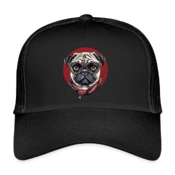 Lustiger Mops Hund mit Brille und Halstuch - Trucker Cap - Schwarz/Schwarz - Vorne