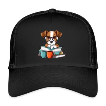 Lustiger Hund mit Brille, Büchern und Kaffee-Tasse - Trucker Cap - Schwarz/Schwarz - Vorne