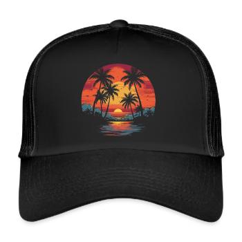 Vintage Palmen Retro Sommer Sonnenuntergang - Trucker Cap - Schwarz/Schwarz - Vorne
