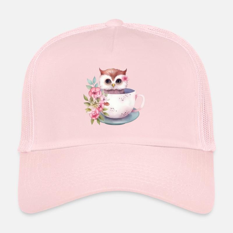 Niedliche rosa Baby-Eule mit Blumen in einer Tasse Trucker Cap