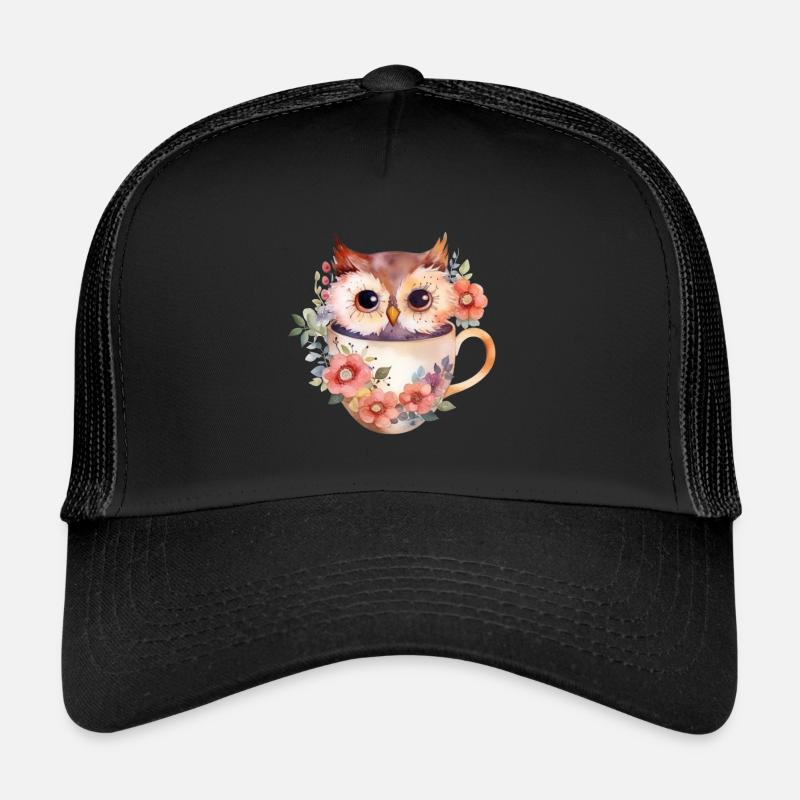 Niedliche Eule sitzt in einer Tasse mit Blumen - Trucker Cap - Schwarz/Schwarz