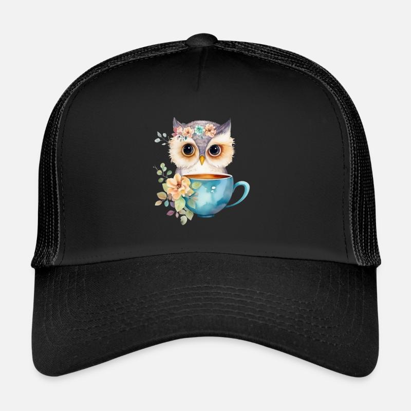 Niedliche Eule mit Kaffee und Blumen - Trucker Cap - Schwarz/Schwarz