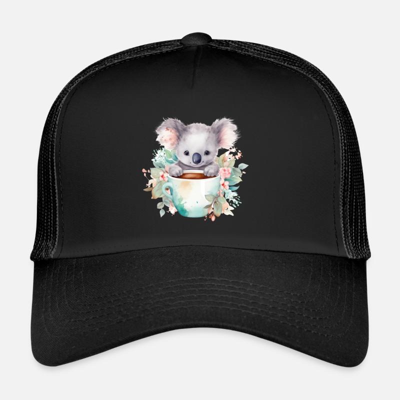 Niedlicher Koala mit Blumen in einer Tasse - Trucker Cap - Schwarz/Schwarz