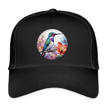 Schöner Kolibri Vogel mit Blumenmuster Blumen - Trucker Cap - Schwarz/Schwarz - Vorne