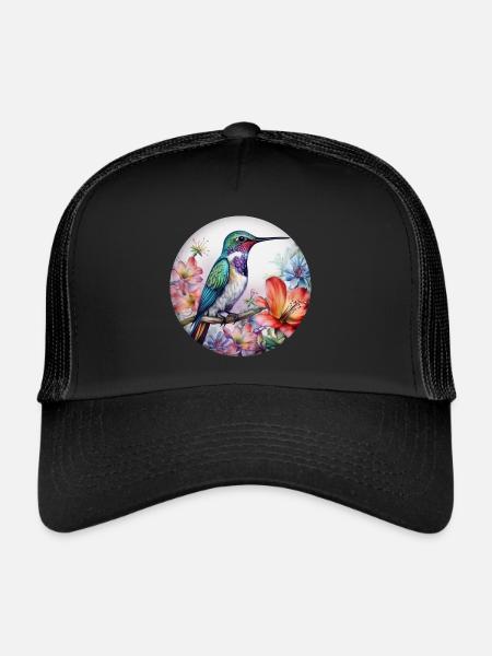 Bel oiseau colibri avec des fleurs à motifs floraux - Casquette trucker  - noir/noir - Devant
