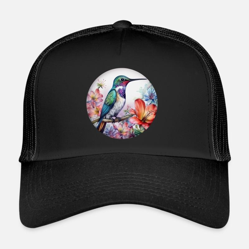 Schöner Kolibri Vogel mit Blumenmuster Blumen - Trucker Cap - Schwarz/Schwarz