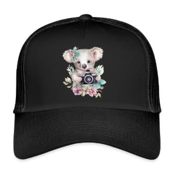 Koala mignon et mignon avec appareil photo et fleurs - Casquette trucker  - noir/noir - Devant