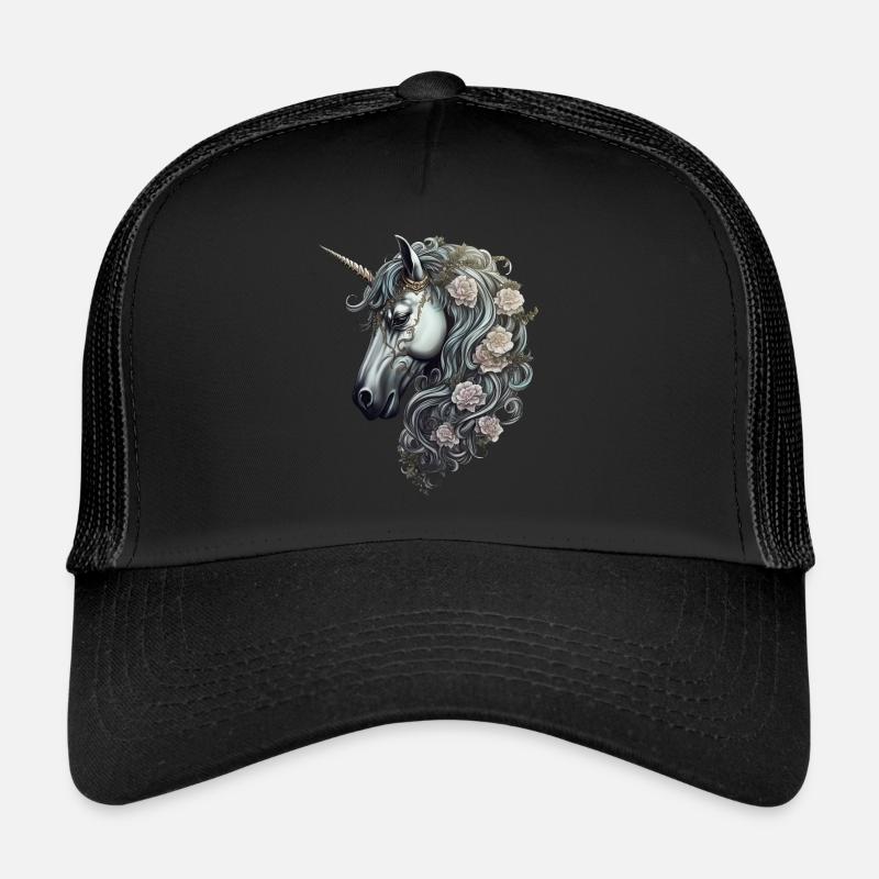 Goth Gothic Einhorn Mystisch Horror weiße Rosen Trucker Cap