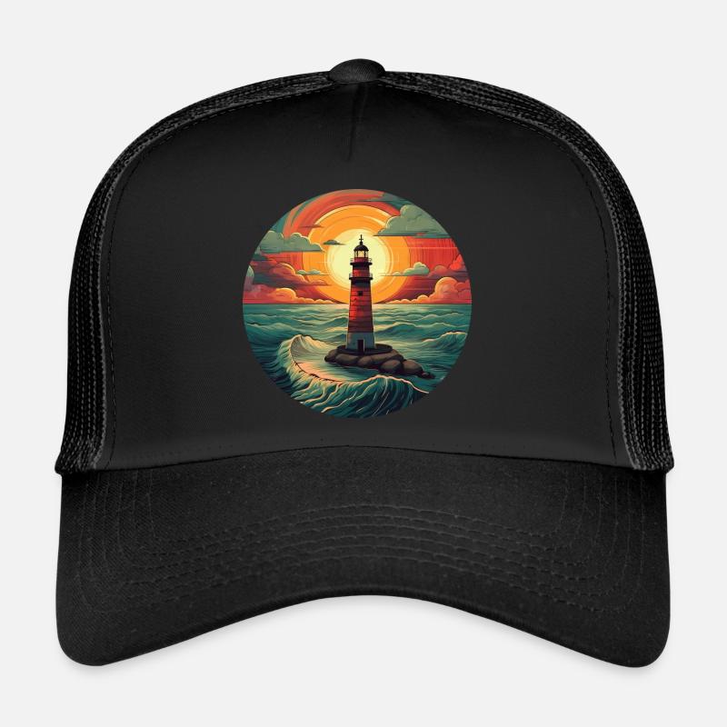 Leuchtturm bei Sonnenuntergang - Romantisches Küst - Trucker Cap - Schwarz/Schwarz