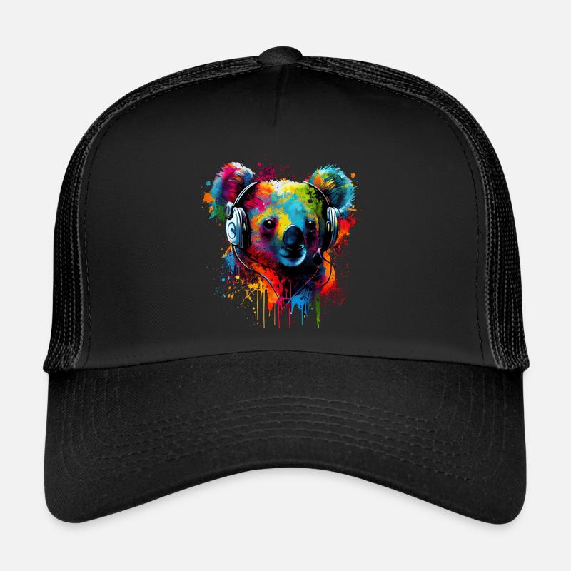 Koala Bär mit Kopfhörern - Trucker Cap - Schwarz/Schwarz