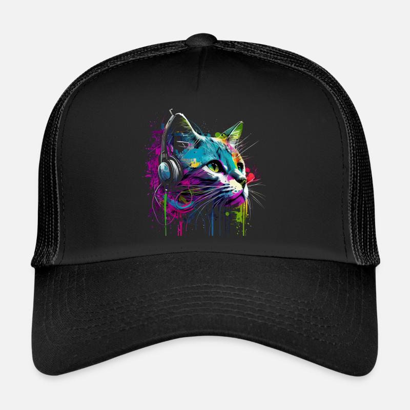 Cat with headphones - Trucker Cap - black/black