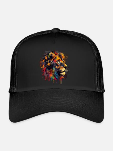 Löwe mit Kopfhörern - Trucker Cap - Schwarz/Schwarz