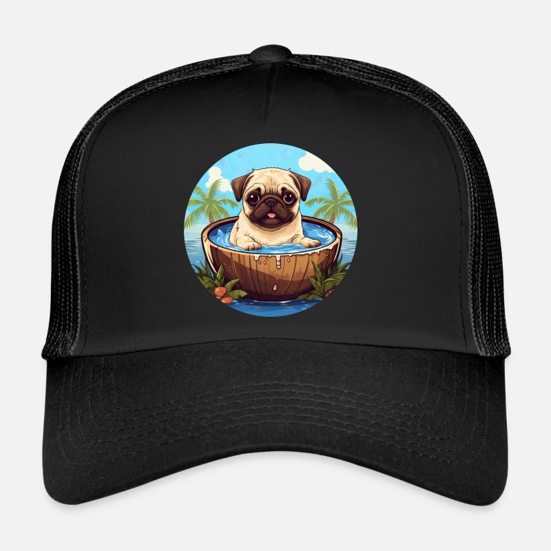 Summer Pug with Coconut Palm Sunset Trucker Cap