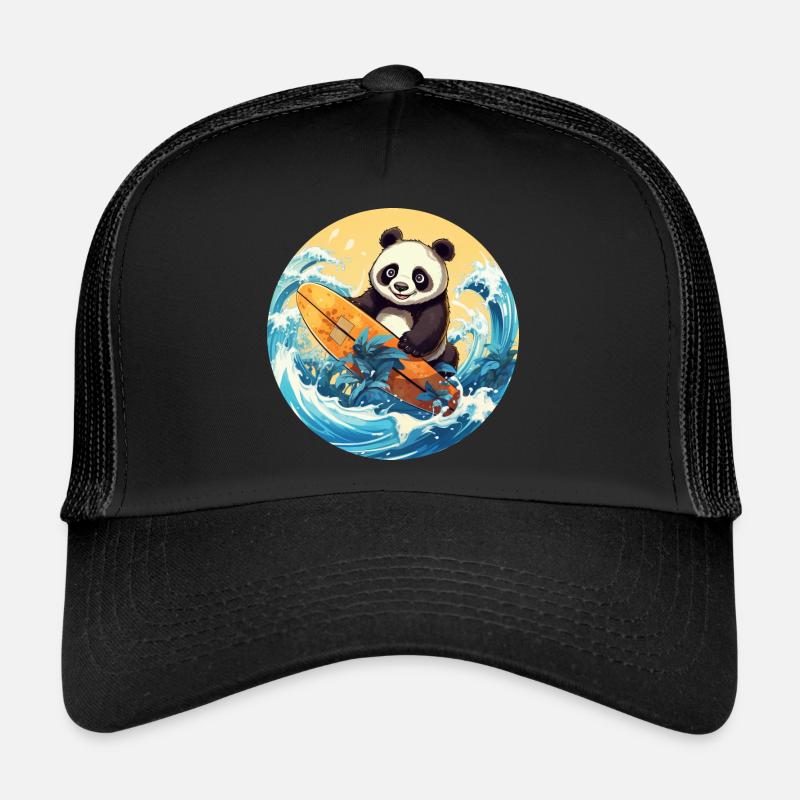 Surfender Panda beim Sonnenuntergang - Trucker Cap - Schwarz/Schwarz