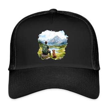 Man with Dog Hiking Outdoor Mountains Lake - Trucker Cap - black/black - Front