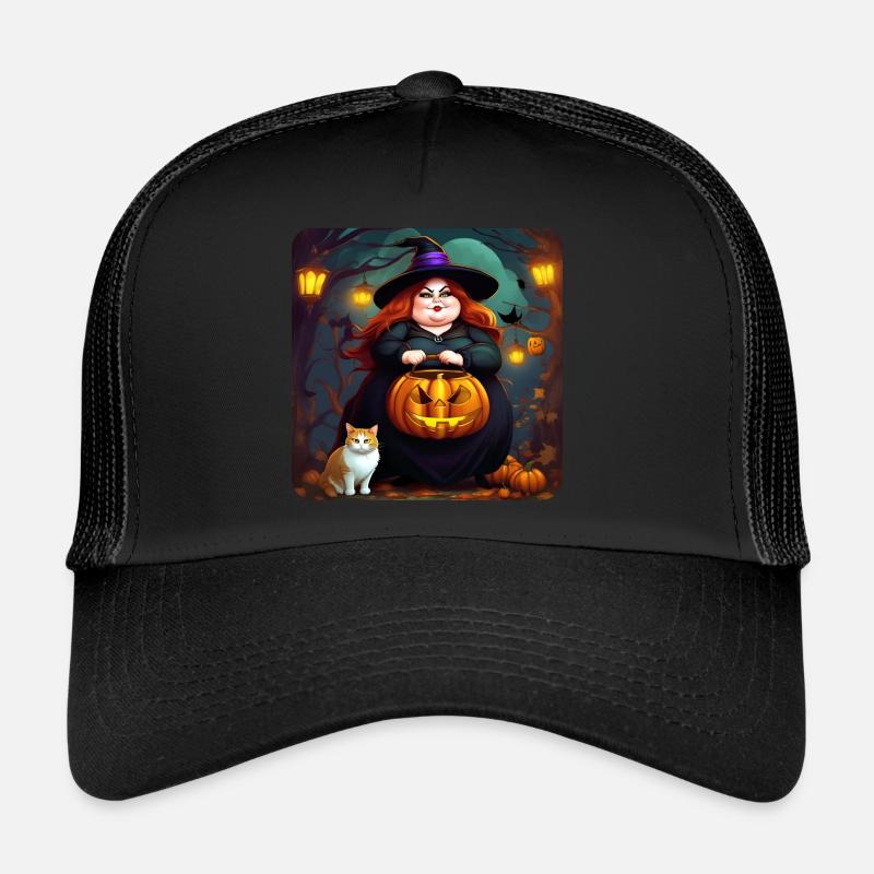 Fat witch with jack-o'-lantern and cat Trucker Cap