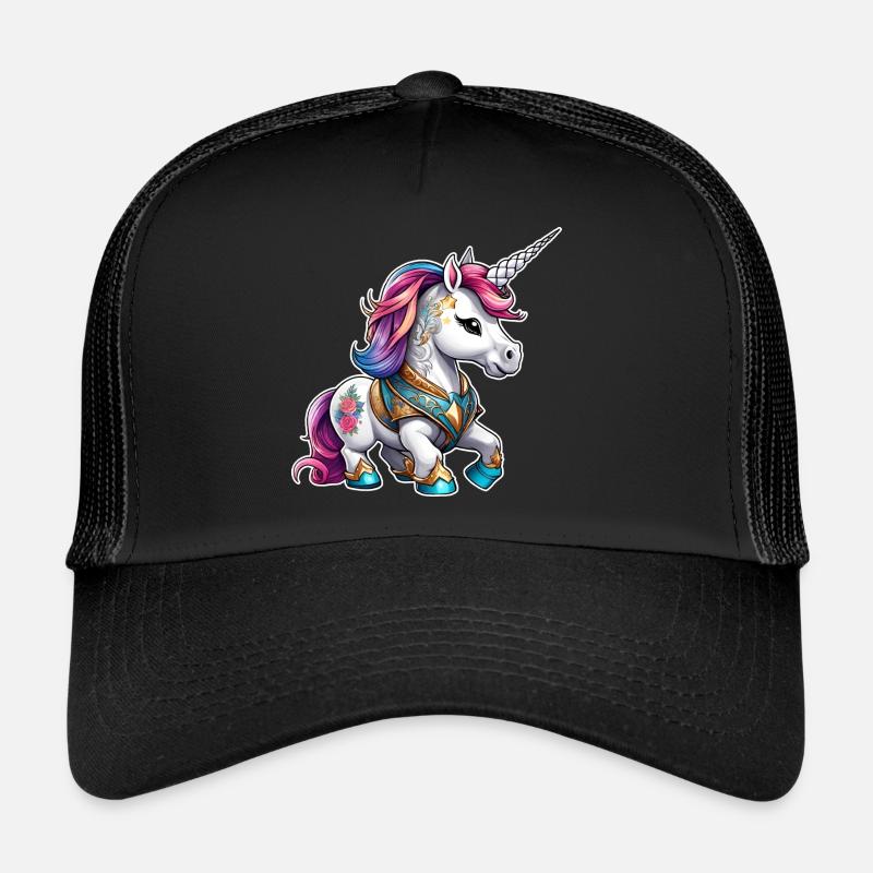 Niedliches Regenbogen Einhorn mit Tattoos - Trucker Cap - Schwarz/Schwarz
