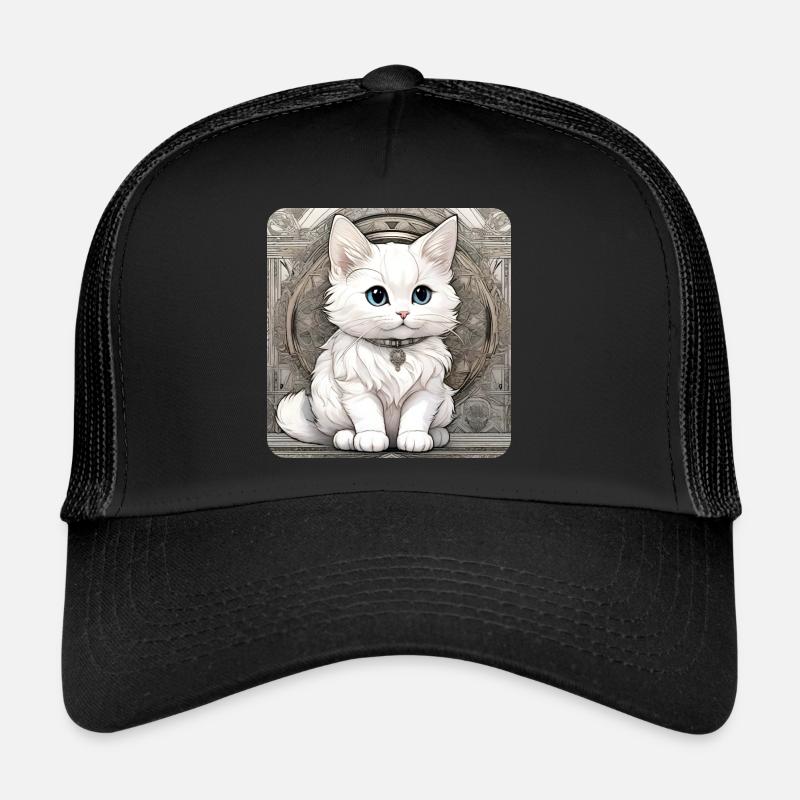 Mignon chat blanc aux yeux bleus - Casquette trucker - noir/noir