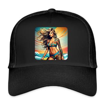 Jolie surfeuse fille sur la plage avec coucher de soleil - Casquette trucker  - noir/noir - Devant