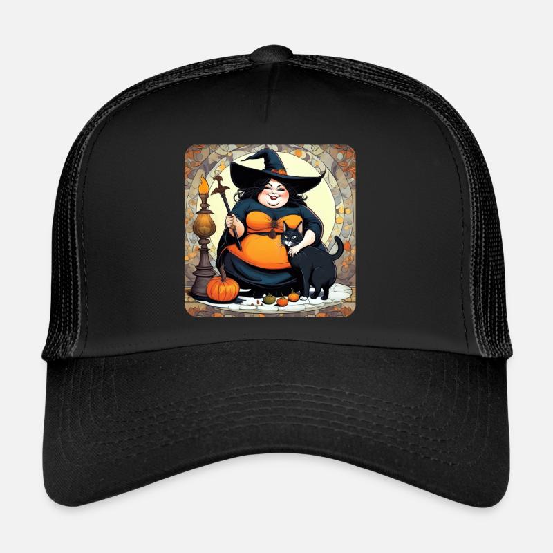 Niedliche dicke Hexe mit schwarzer Katze - Trucker Cap - Schwarz/Schwarz