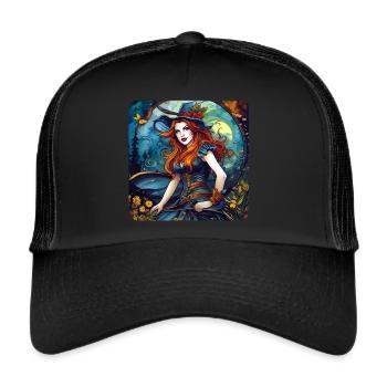 Halloween Witch with Red Hair + Flowers in Autumn - Trucker Cap - black/black - Front