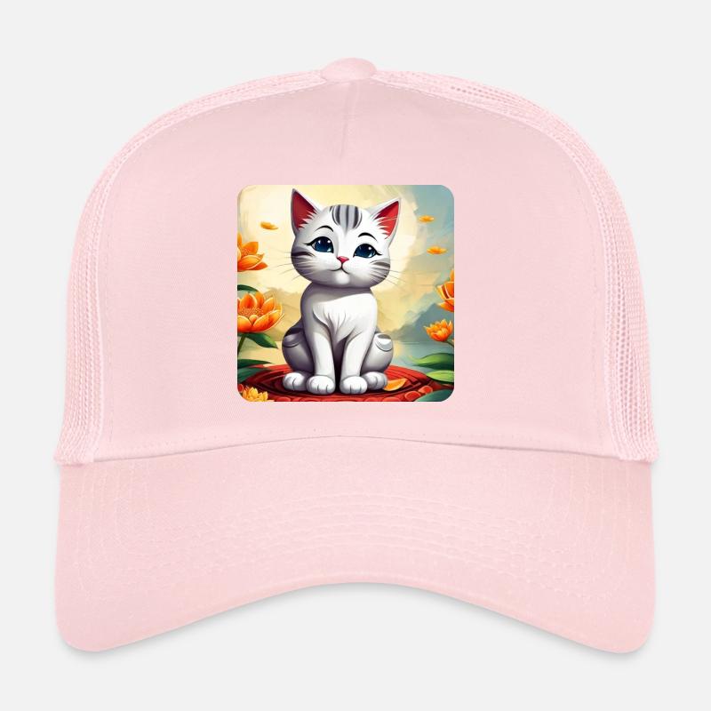 Chat blanc mignon avec des fleurs Casquette trucker 