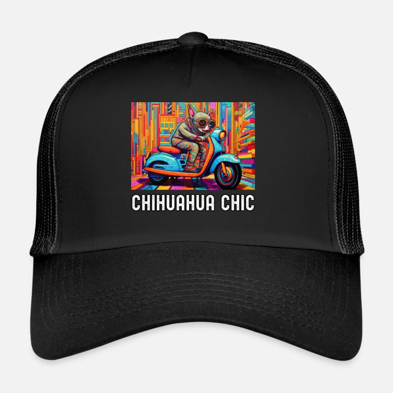 Chihuahua fährt einen bunten Roller auf Muster - Trucker Cap - Schwarz/Schwarz