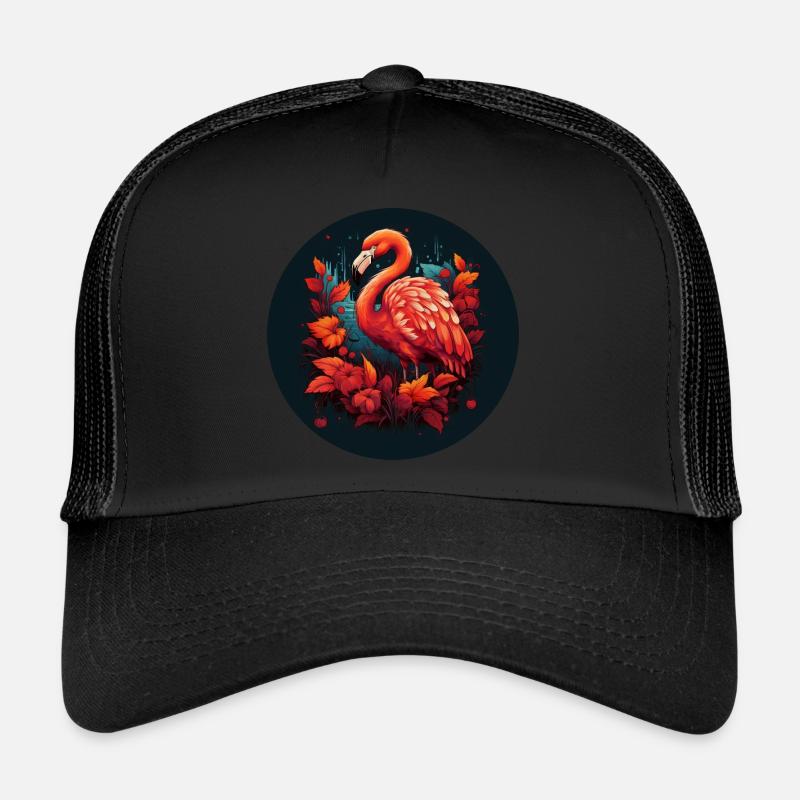 Flamant rose dans les feuilles d’automne Casquette trucker 
