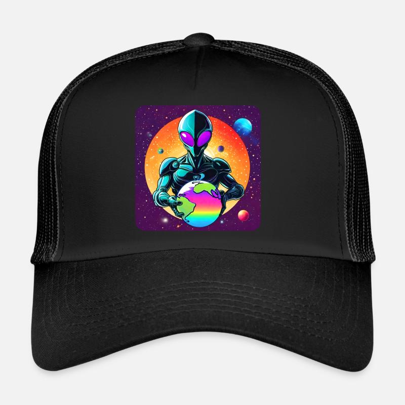 Cooler Alien mit Planet in den Händen Trucker Cap