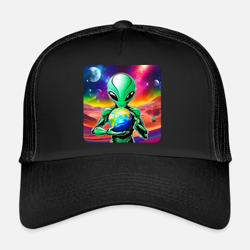 Cooler Alien mit Planet in den Händen Trucker Cap