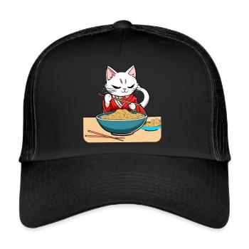 Niedliche asiatische Katze und Ramen Nudeln - Trucker Cap - Schwarz/Schwarz - Vorne