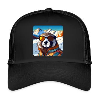 Cooles Murmeltier in den Alpen mit Sonnenbrille - Trucker Cap - Schwarz/Schwarz - Vorne