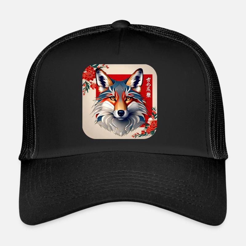 Asiatischer Fuchs mit Kirschblüten - Trucker Cap - Schwarz/Schwarz