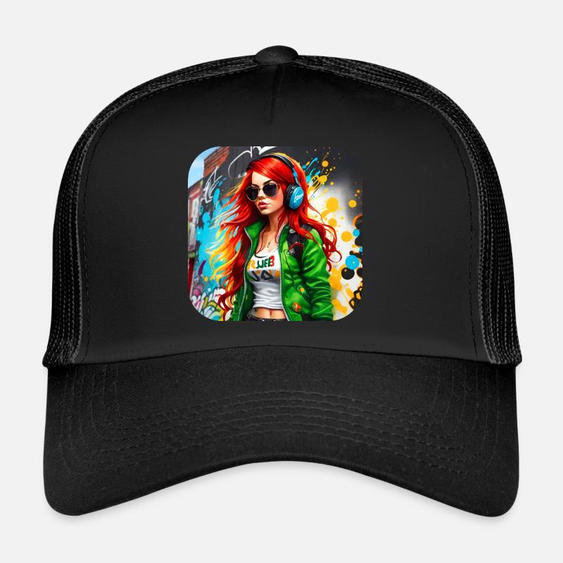 Cooles irisches rothaariges Mädchen mit Kopfhörer Trucker Cap
