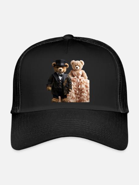 Deux ours en peluche nouvellement mariés - Casquette trucker  - noir/noir - Devant