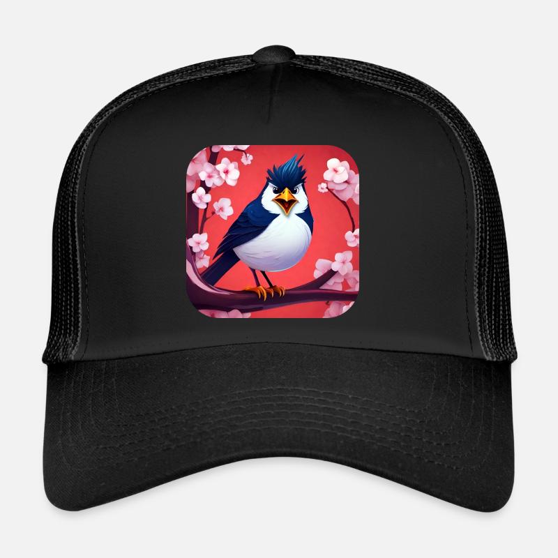 Drôle de petit oiseau avec des fleurs de cerisier Casquette trucker 