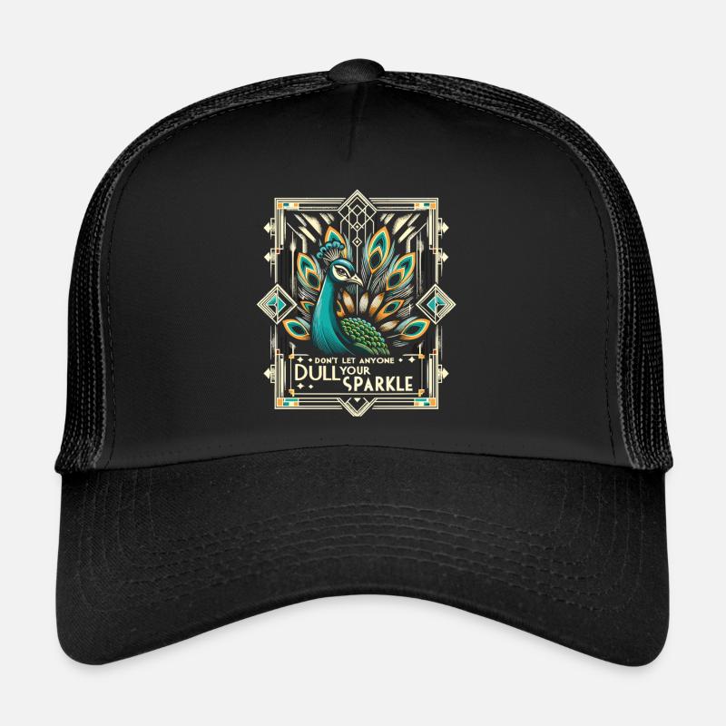 Art-Déco Pfau: Stilvolle Pracht - Trucker Cap - Schwarz/Schwarz