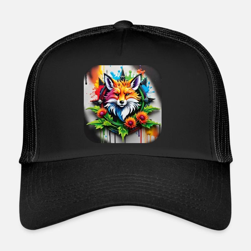 Logo mit Fuchs und Blumen im Grafitti Style - Trucker Cap - Schwarz/Schwarz